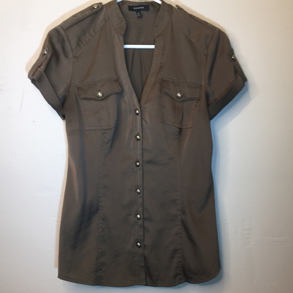 2/$20 Express Silky Brown Military Blouse - Picture 3 of 10
